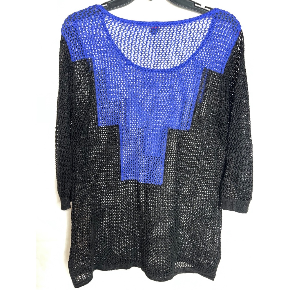 VAVA Women's Sheer Knit Blue‎ Black Geometric Tunic Sweater Top L